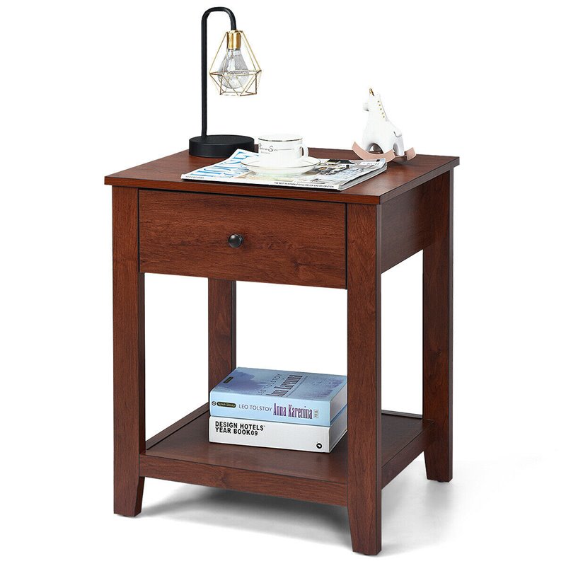 Costway Particle Board End Side Table with Drawer and Storage Shelf in Brown