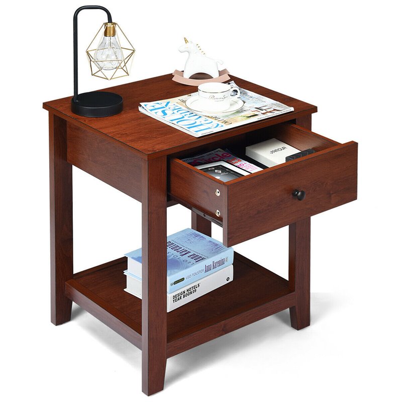 Costway Particle Board End Side Table with Drawer and Storage Shelf in Brown