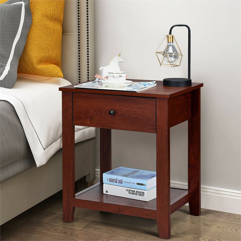 Costway Particle Board End Side Table with Drawer and Storage Shelf in Brown
