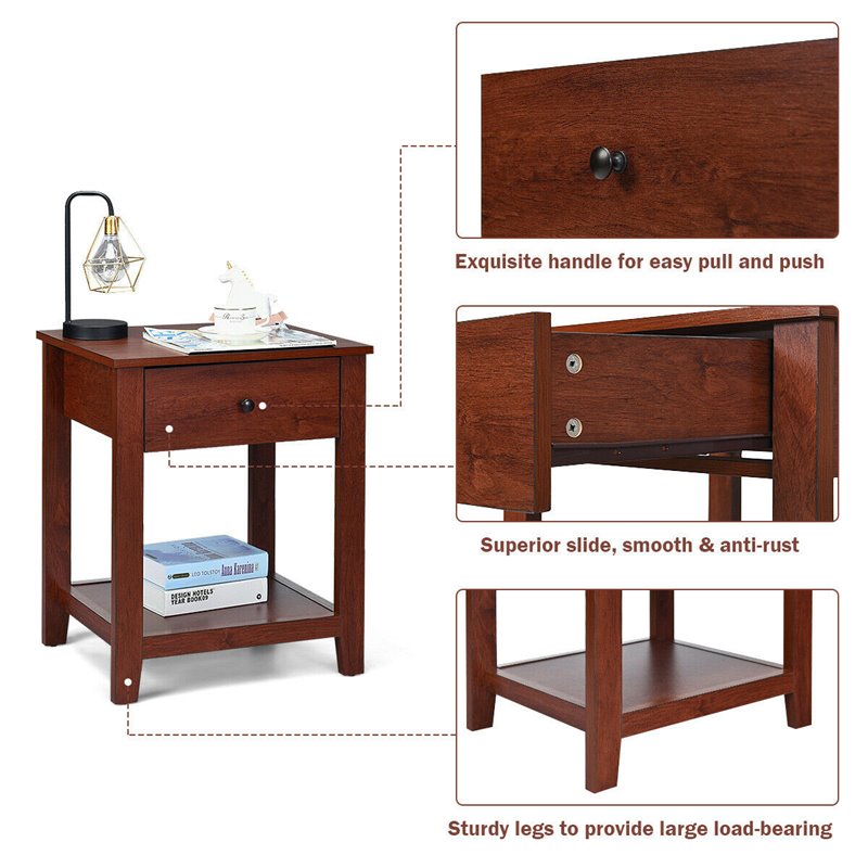 Costway Particle Board End Side Table with Drawer and Storage Shelf in Brown