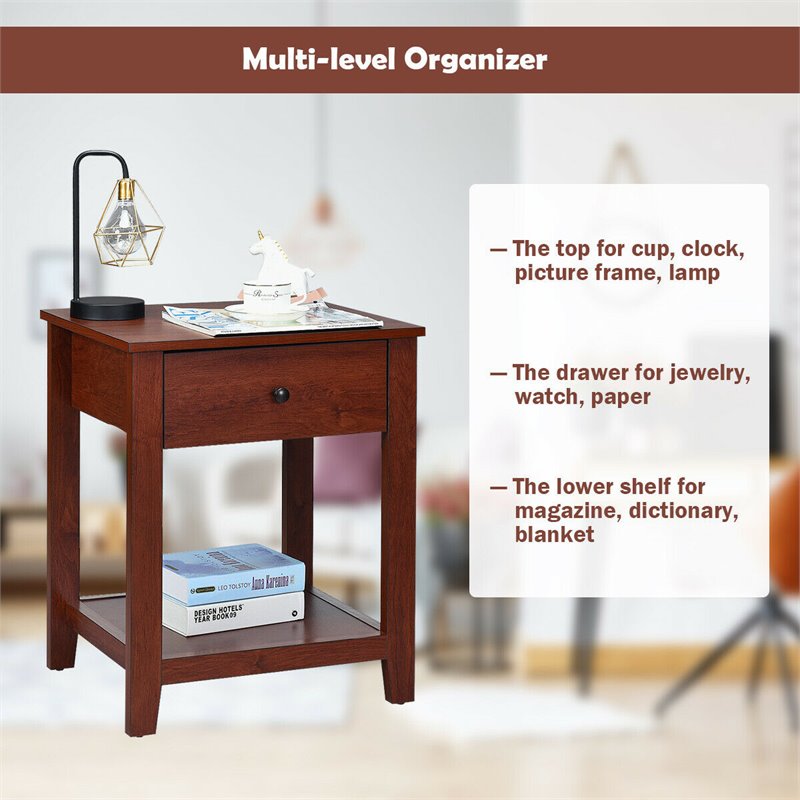 Costway Particle Board End Side Table with Drawer and Storage Shelf in Brown