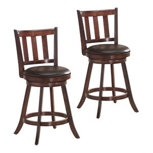 Costway 25&quot PU Leather Swivel Bar Stool with High Back in Nut Brown (Set of 2)