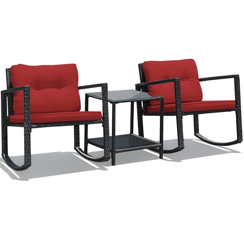 Costway 3-piece Steel and Rattan Patio Rocking Chair Set in Red