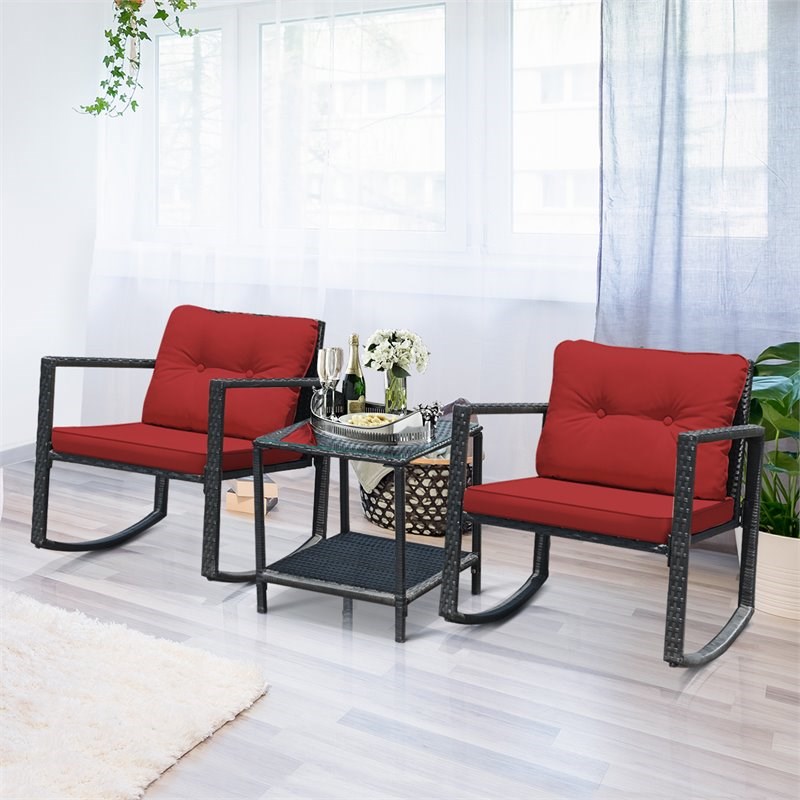 Costway 3-piece Steel and Rattan Patio Rocking Chair Set in Red