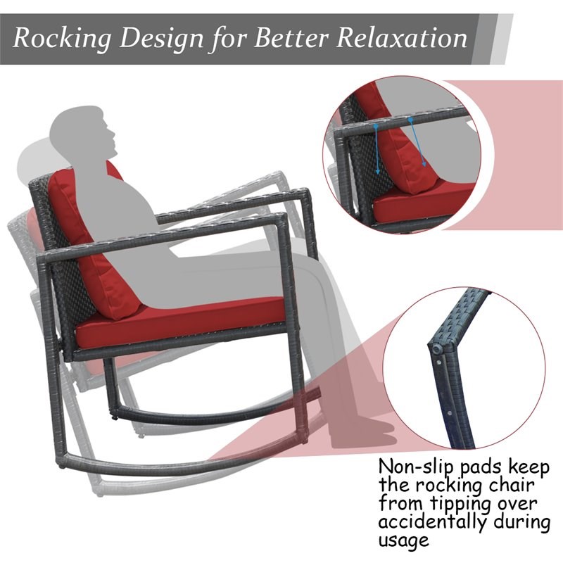 Costway 3-piece Steel and Rattan Patio Rocking Chair Set in Red