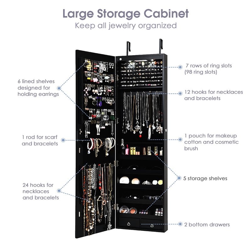Costway MDF Board Wall/Door Mounted Full-length Mirror Jewelry Cabinet in Black