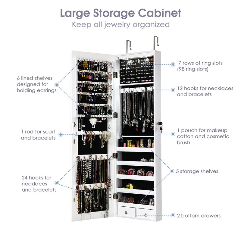 Costway MDF Board Wall/Door Mounted Full-length Mirror Jewelry Cabinet in White