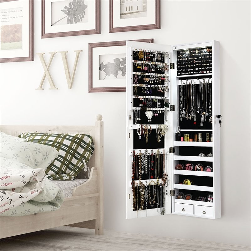 Costway MDF Board Wall/Door Mounted Full-length Mirror Jewelry Cabinet in White