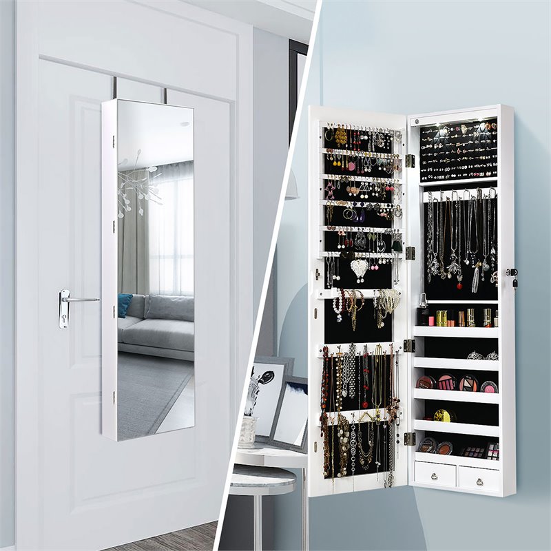 Costway MDF Board Wall/Door Mounted Full-length Mirror Jewelry Cabinet in White