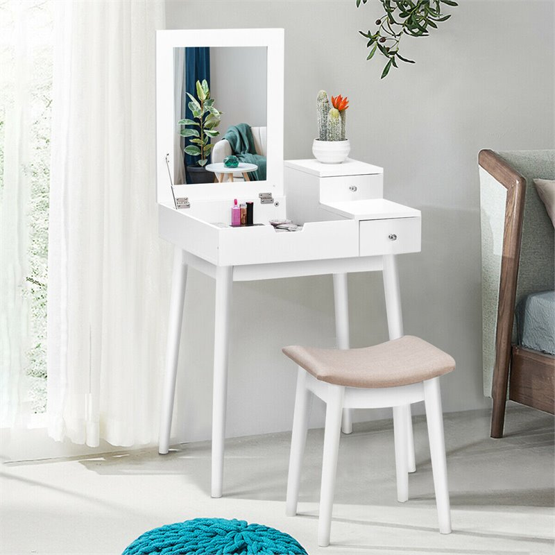 Costway Contemporary MDF and Wood Vanity Dressing Table Set with Stool in White