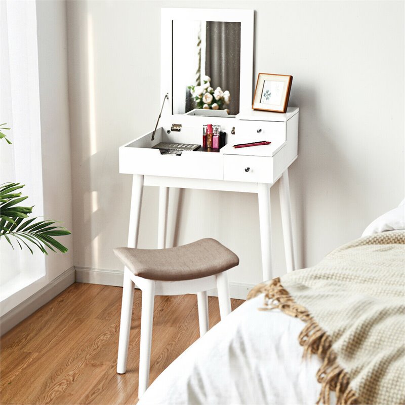 Costway Contemporary MDF and Wood Vanity Dressing Table Set with Stool in White