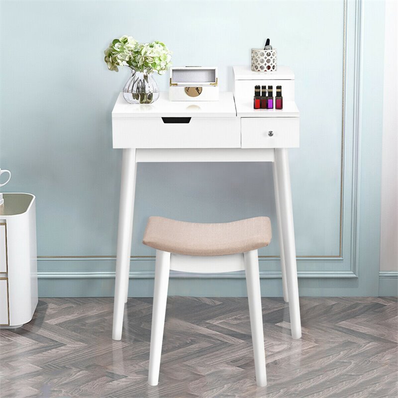 Costway Contemporary MDF and Wood Vanity Dressing Table Set with Stool in White