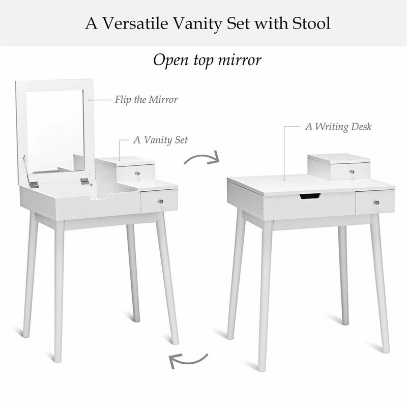 Costway Contemporary MDF and Wood Vanity Dressing Table Set with Stool in White