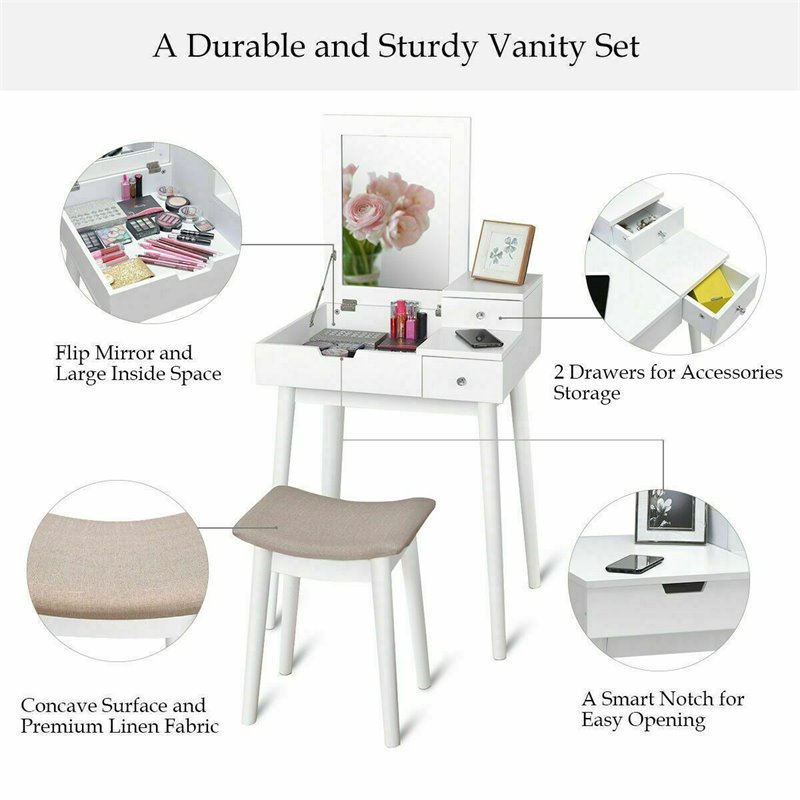 Costway Contemporary MDF and Wood Vanity Dressing Table Set with Stool in White