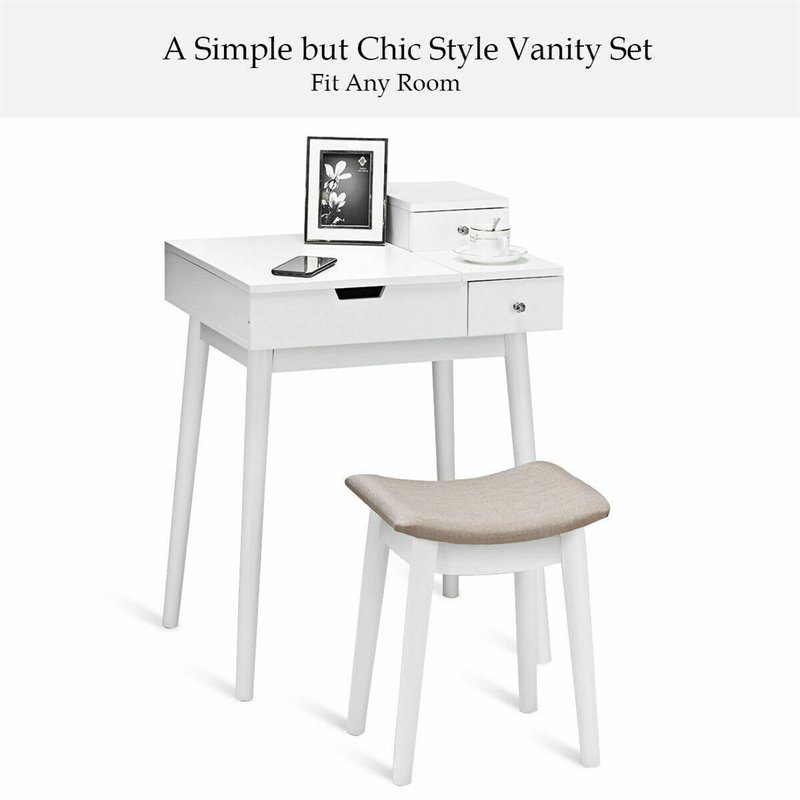 Costway Contemporary MDF and Wood Vanity Dressing Table Set with Stool in White