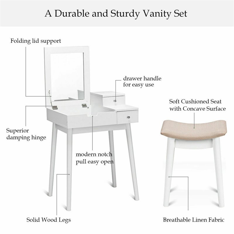 Costway Contemporary MDF and Wood Vanity Dressing Table Set with Stool in White