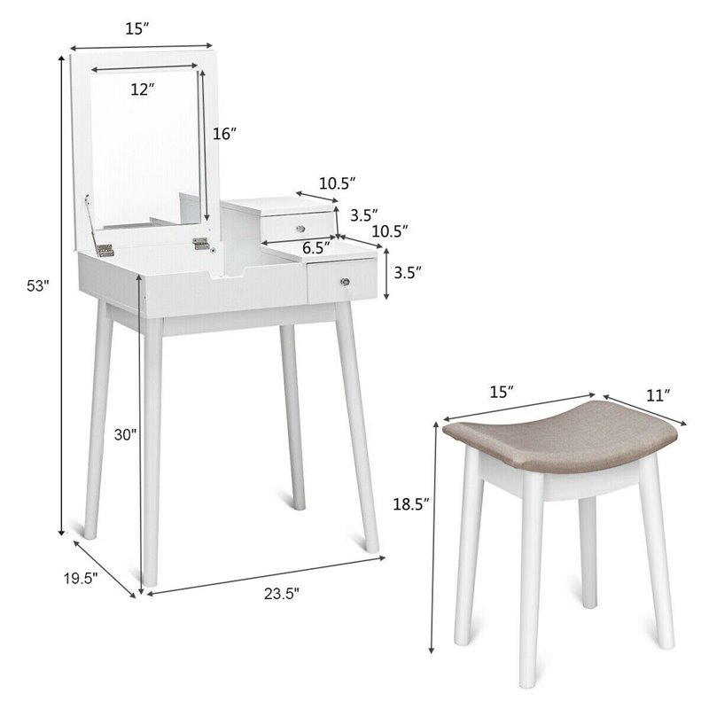 Costway Contemporary MDF and Wood Vanity Dressing Table Set with Stool in White