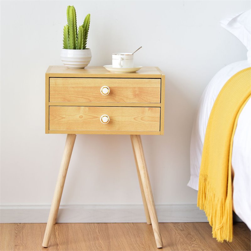 Costway 2-drawer Contemporary MDF and Wood Nightstand in Natural