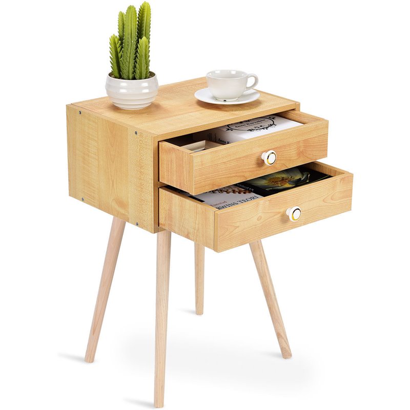 Costway 2-drawer Contemporary MDF and Wood Nightstand in Natural