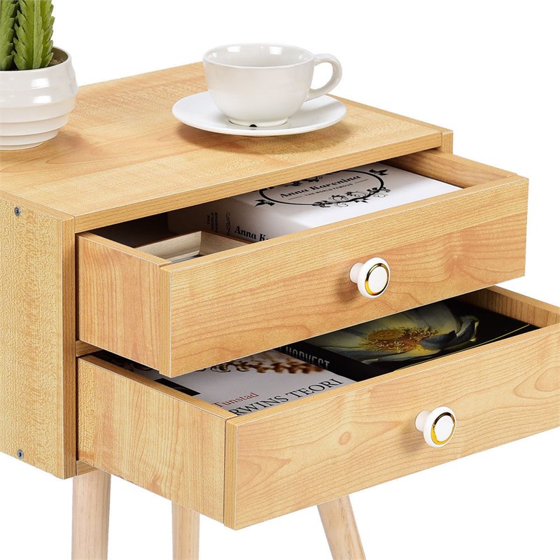 Costway 2-drawer Contemporary MDF and Wood Nightstand in Natural