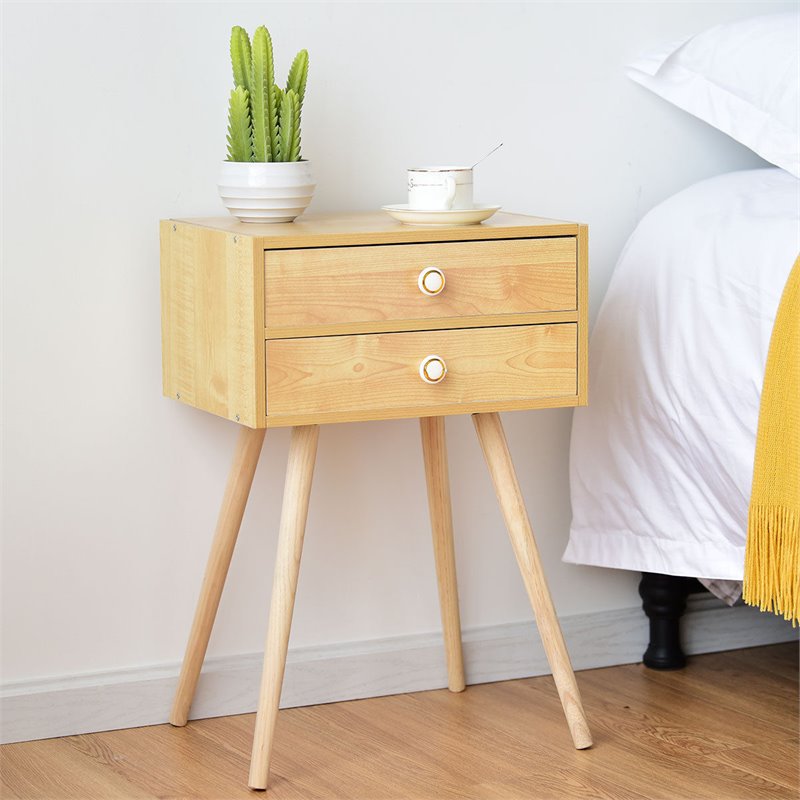 Costway 2-drawer Contemporary MDF and Wood Nightstand in Natural