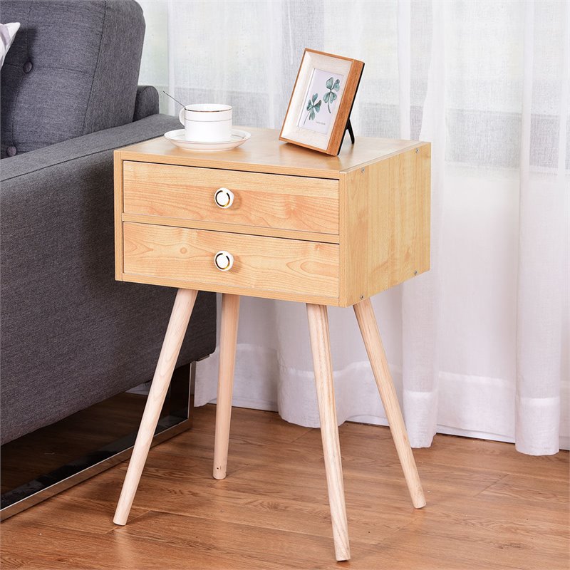 Costway 2-drawer Contemporary MDF and Wood Nightstand in Natural