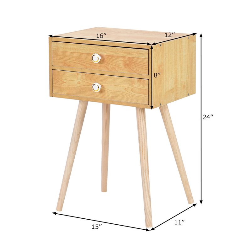Costway 2-drawer Contemporary MDF and Wood Nightstand in Natural