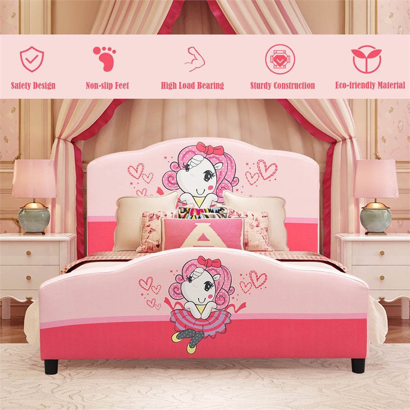Costway Wood and Sponge Upholstered Platform Kids Toddler Bed For Girls in Pink