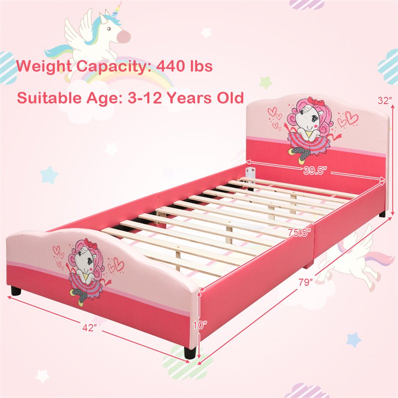 Costway Wood and Sponge Upholstered Platform Kids Toddler Bed For Girls in Pink