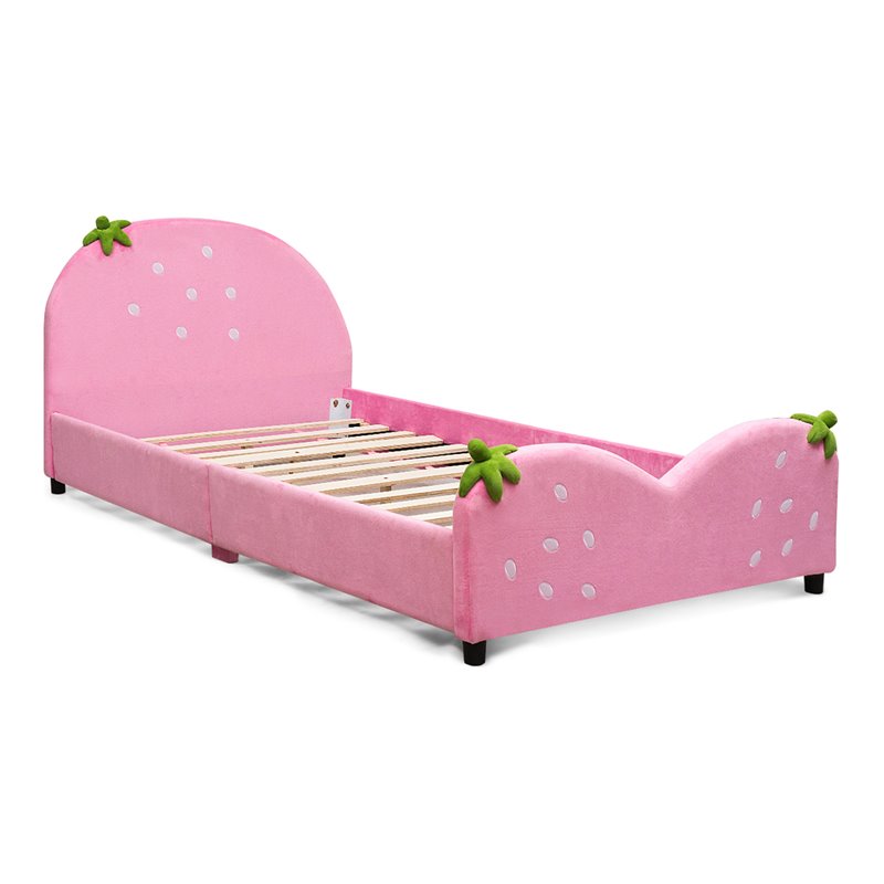 Costway MDF & Velvet Upholstered Platform Kids Toddler Bed with 13 Ribs in Pink