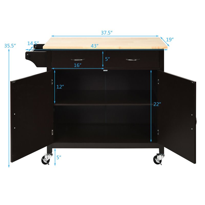 Costway MDF Pine and Rubber Wood Rolling Kitchen Island Cart in Brown