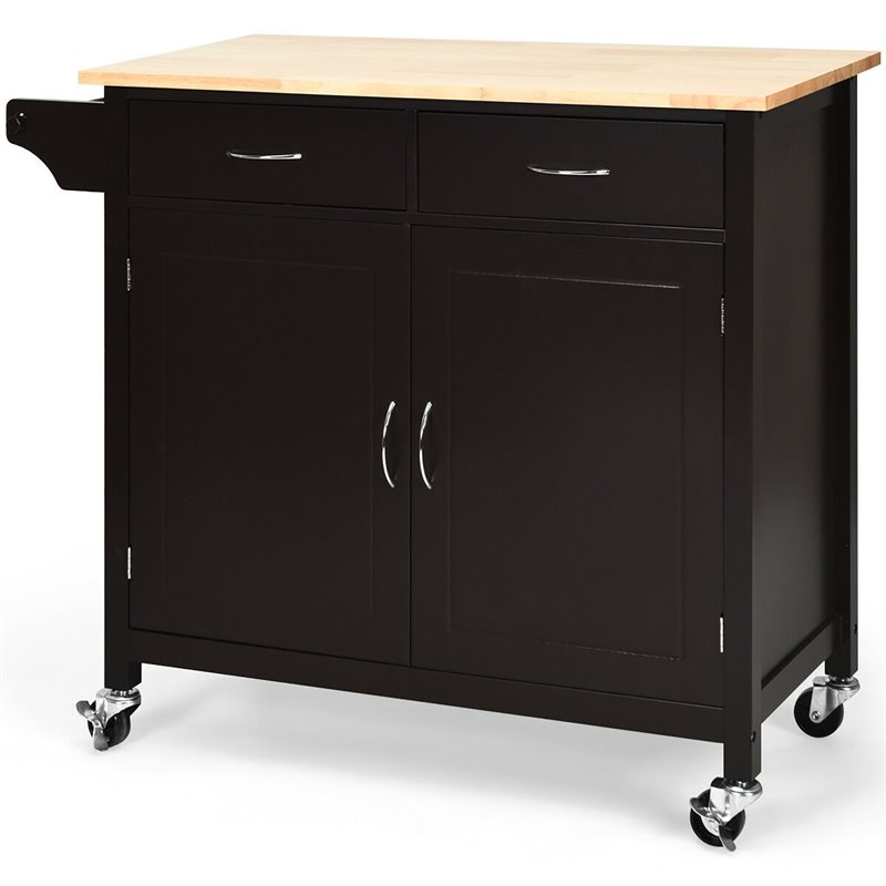 Costway MDF Pine and Rubber Wood Rolling Kitchen Island Cart in Brown
