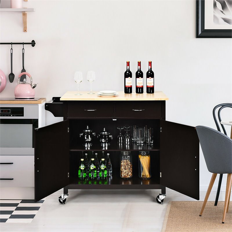 Costway MDF Pine and Rubber Wood Rolling Kitchen Island Cart in Brown