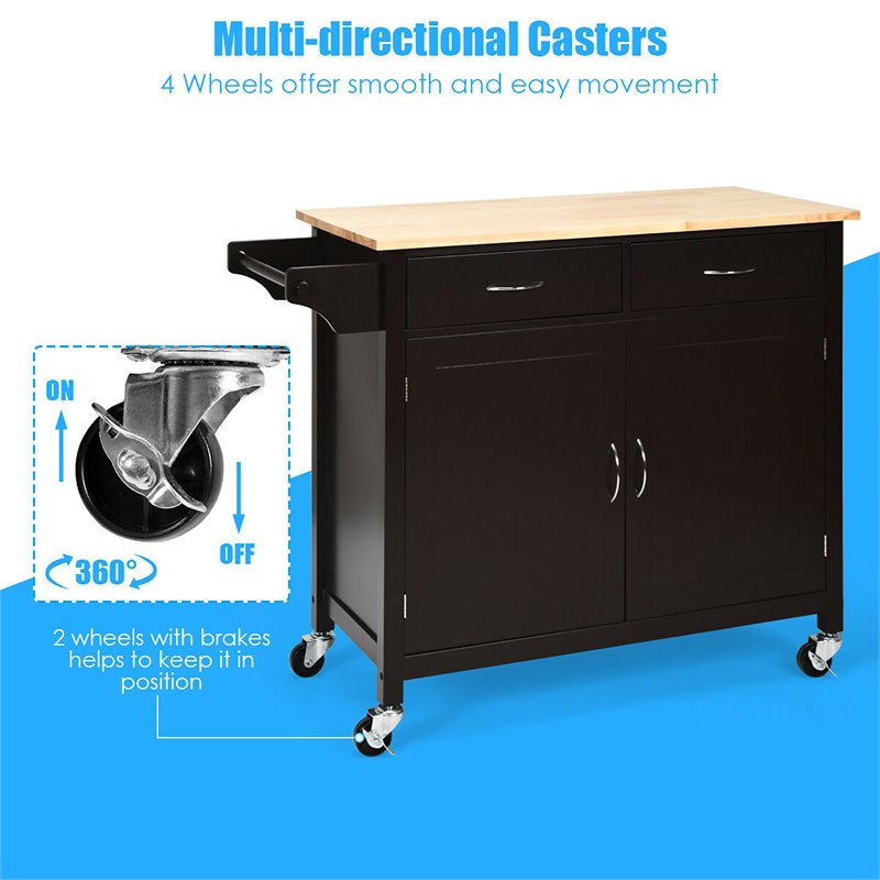 Costway MDF Pine and Rubber Wood Rolling Kitchen Island Cart in Brown