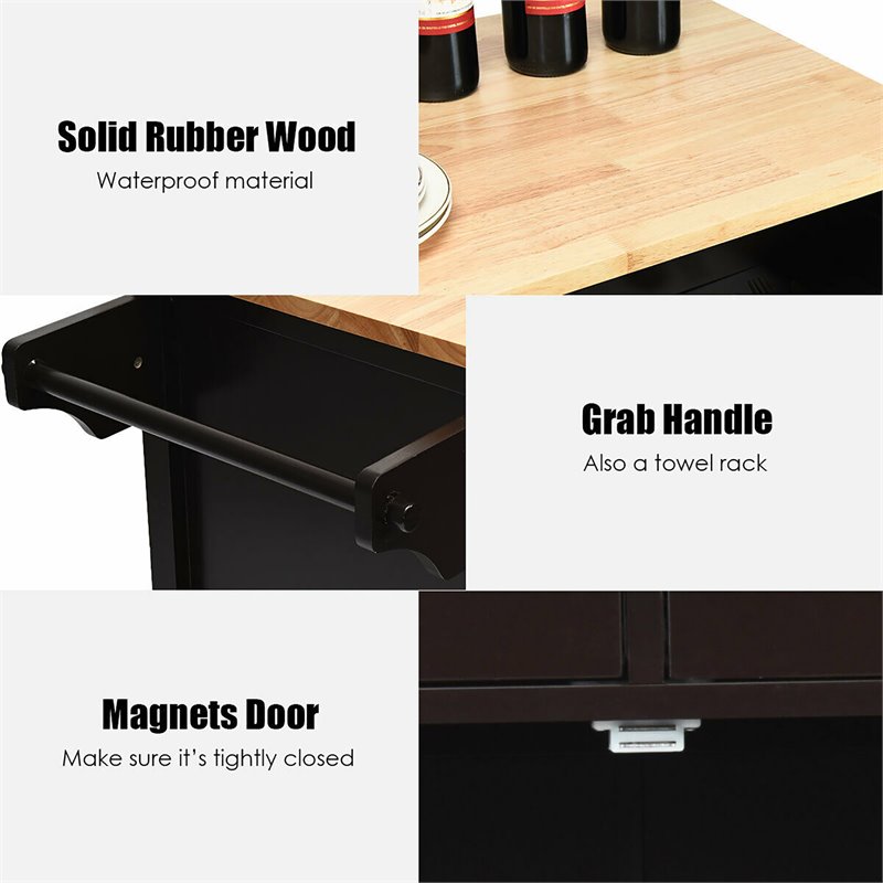 Costway MDF Pine and Rubber Wood Rolling Kitchen Island Cart in Brown