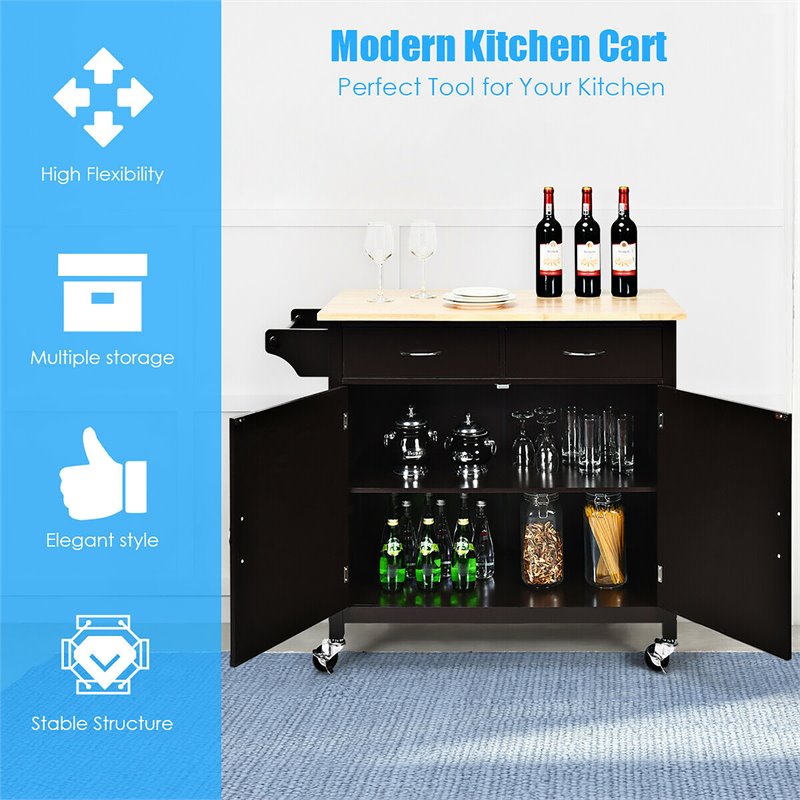 Costway MDF Pine and Rubber Wood Rolling Kitchen Island Cart in Brown Finish