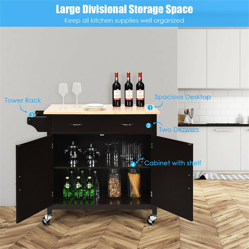 Costway MDF Pine and Rubber Wood Rolling Kitchen Island Cart in Brown Finish