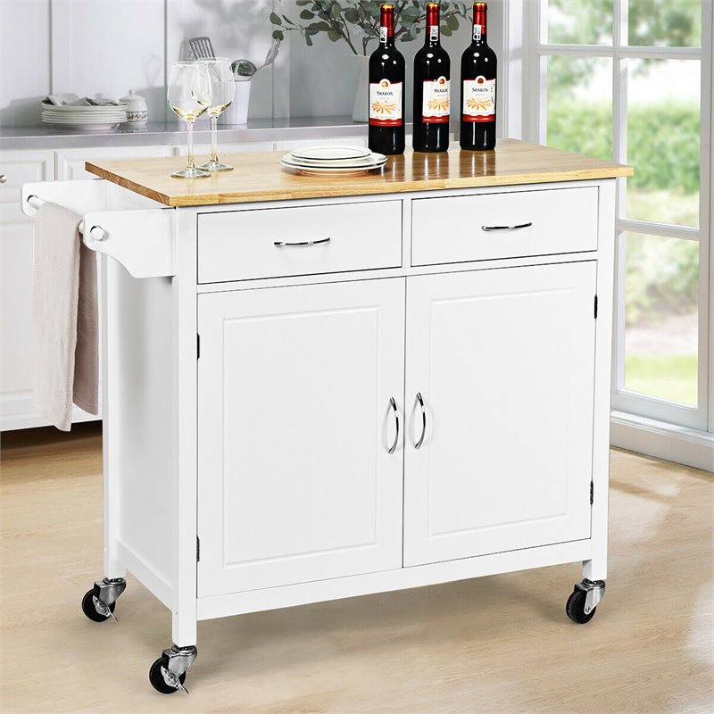 Costway MDF Pine and Rubber Wood Rolling Kitchen Island Cart in White