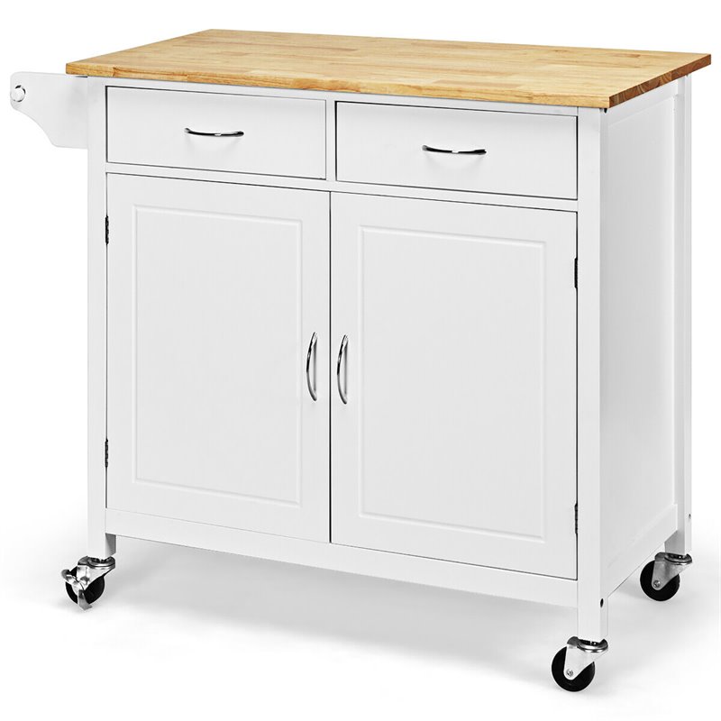 Costway MDF Pine and Rubber Wood Rolling Kitchen Island Cart in White