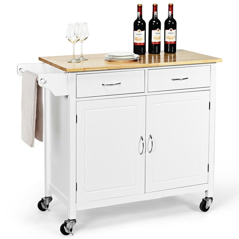 Costway MDF Pine and Rubber Wood Rolling Kitchen Island Cart in White