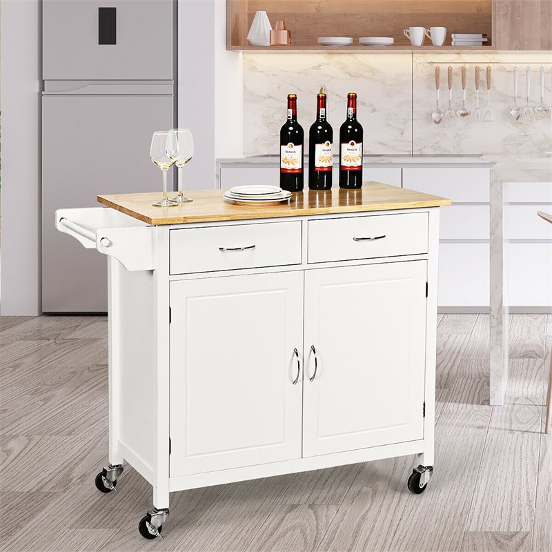 Costway MDF Pine and Rubber Wood Rolling Kitchen Island Cart in White