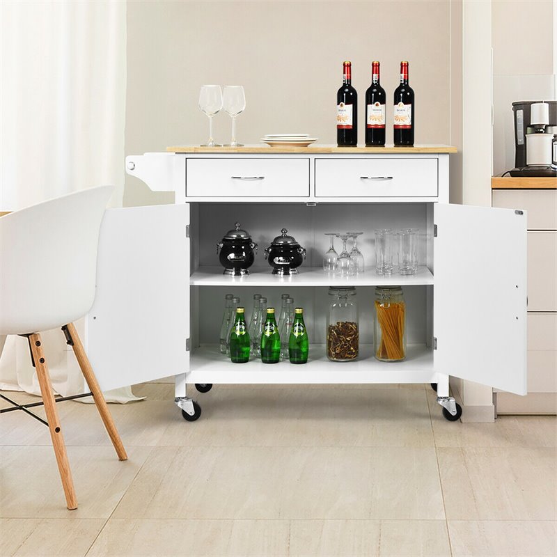 Costway MDF Pine and Rubber Wood Rolling Kitchen Island Cart in White