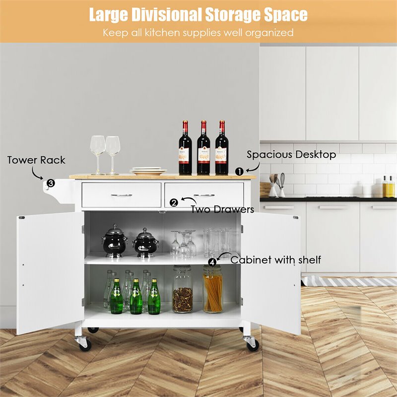 Costway MDF Pine and Rubber Wood Rolling Kitchen Island Cart in White