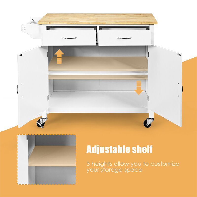 Costway MDF Pine and Rubber Wood Rolling Kitchen Island Cart in White