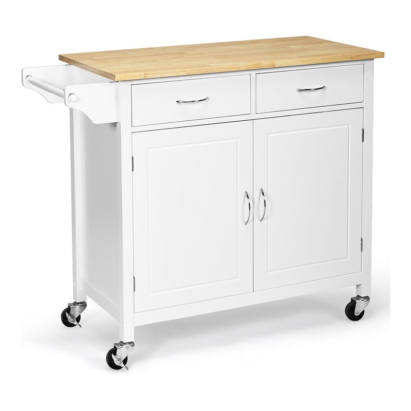 Costway MDF Pine and Rubber Wood Rolling Kitchen Island Cart in White