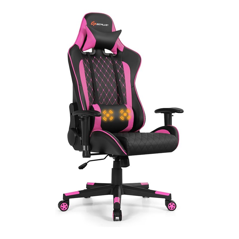 Costway PU Metal Massage Gaming Chair with Lumbar Support & Headrest in Pink