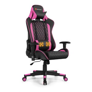 Costway PU Metal Massage Gaming Chair with Lumbar Support & Headrest in Pink