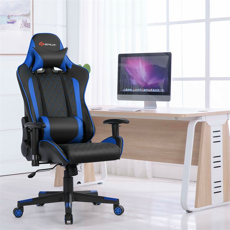 Costway PU Metal Massage Gaming Chair with Lumbar Support & Headrest in Blue