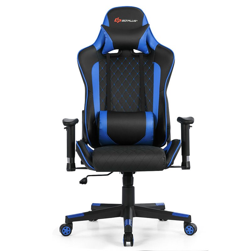 Costway PU Metal Massage Gaming Chair with Lumbar Support & Headrest in Blue