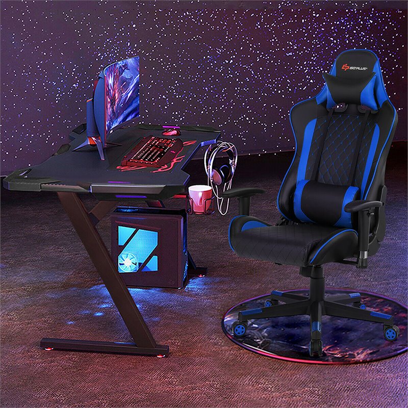 Costway PU Metal Massage Gaming Chair with Lumbar Support & Headrest in Blue
